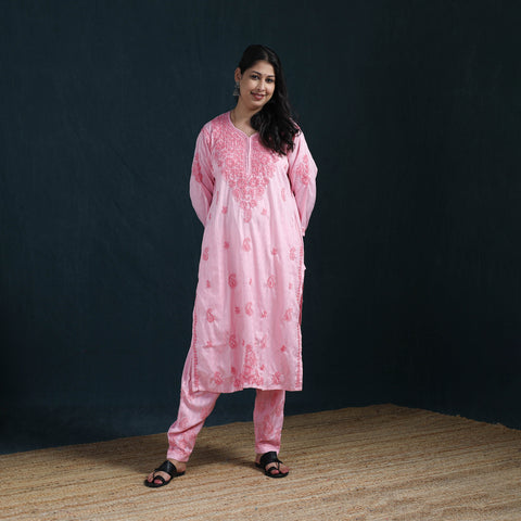 Pink - Hand Embroidered Rayon Cotton Chikankari Kurta with Pant Set for Women 18