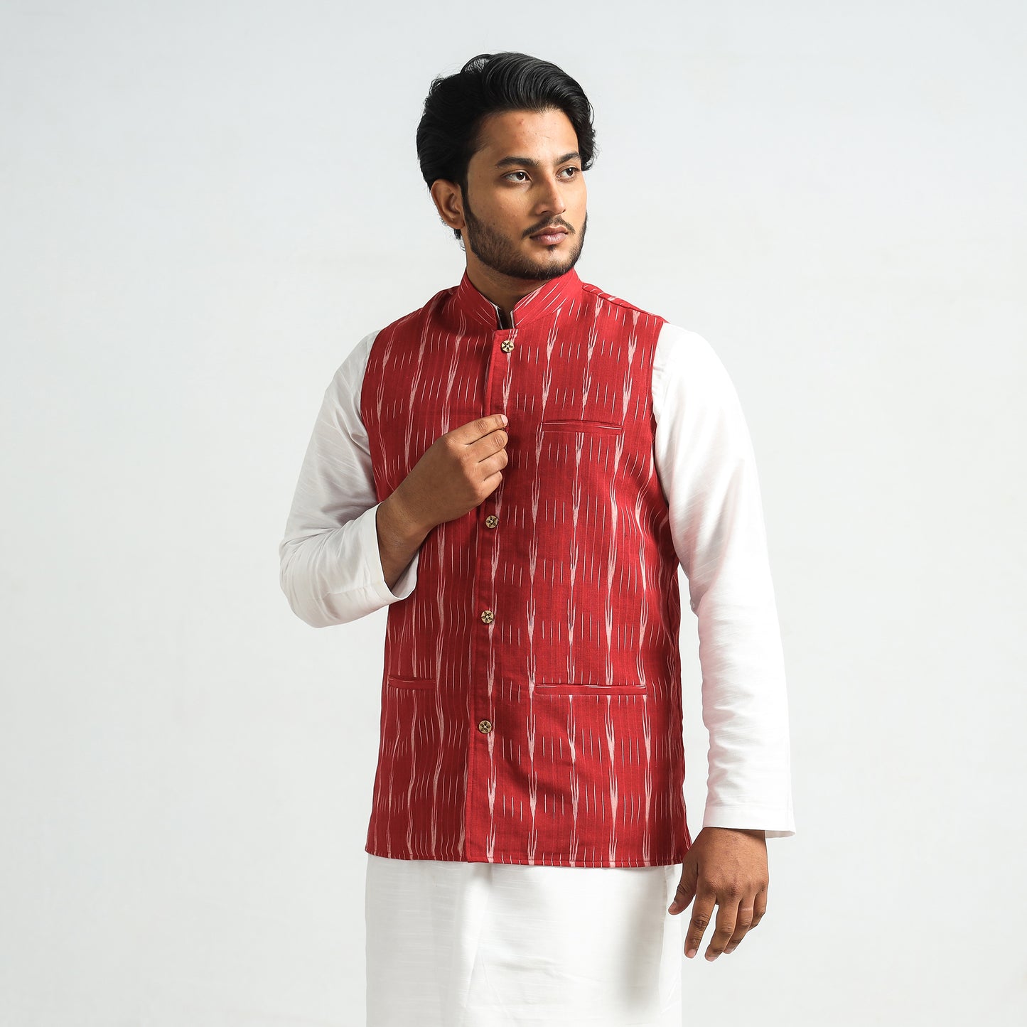 Red - Pochampally Ikat Cotton Men Nehru Jacket