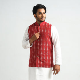 Red - Pochampally Ikat Cotton Men Nehru Jacket