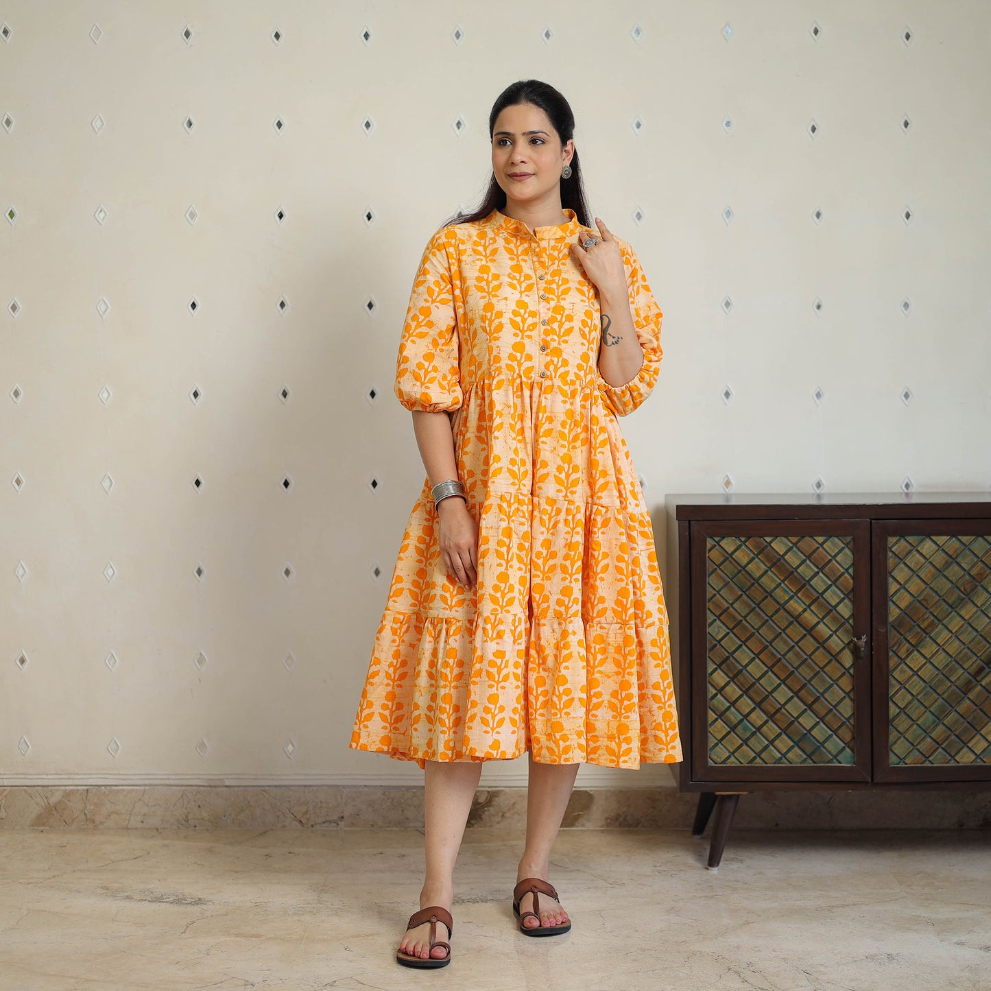 Orange - Pure Cotton Tiered Batik Print Dress 07