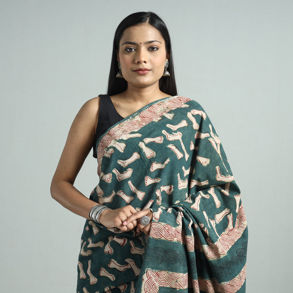 Green - Bindaas Art Block Printed Natural Dyed Cotton Saree 43