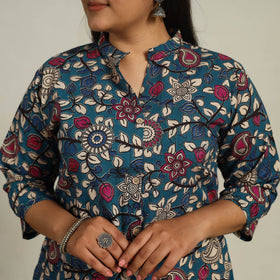 Blue - Printed Cotton A-Line Kalamkari Kurta 11
