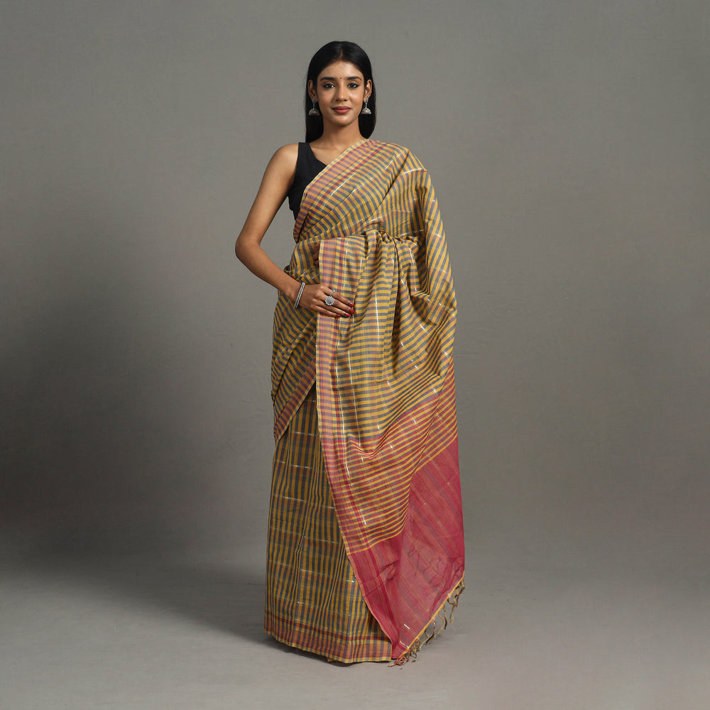 Yellow - Zari Stripes Cotton Handloom Saree 14