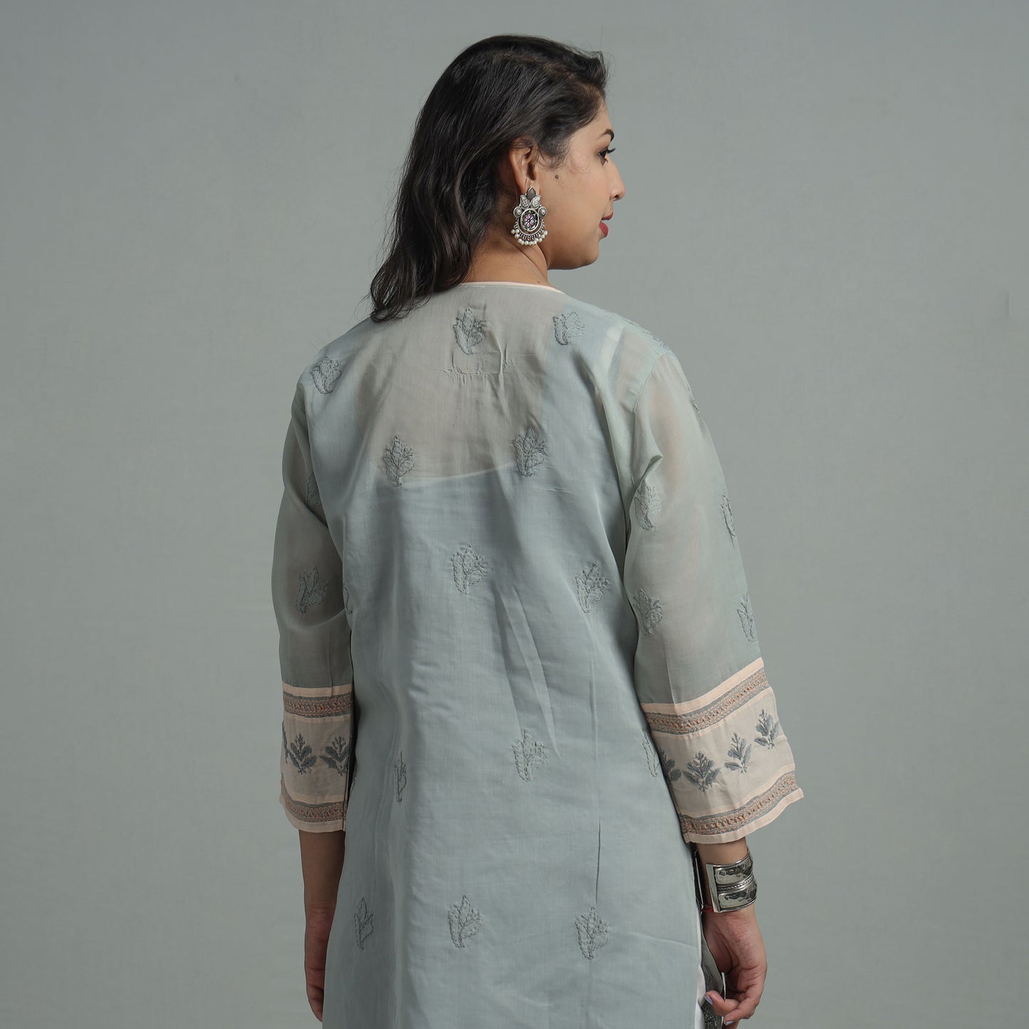 Grey Chikankari Hand Embroidered Cotton Long Kurta with Inner