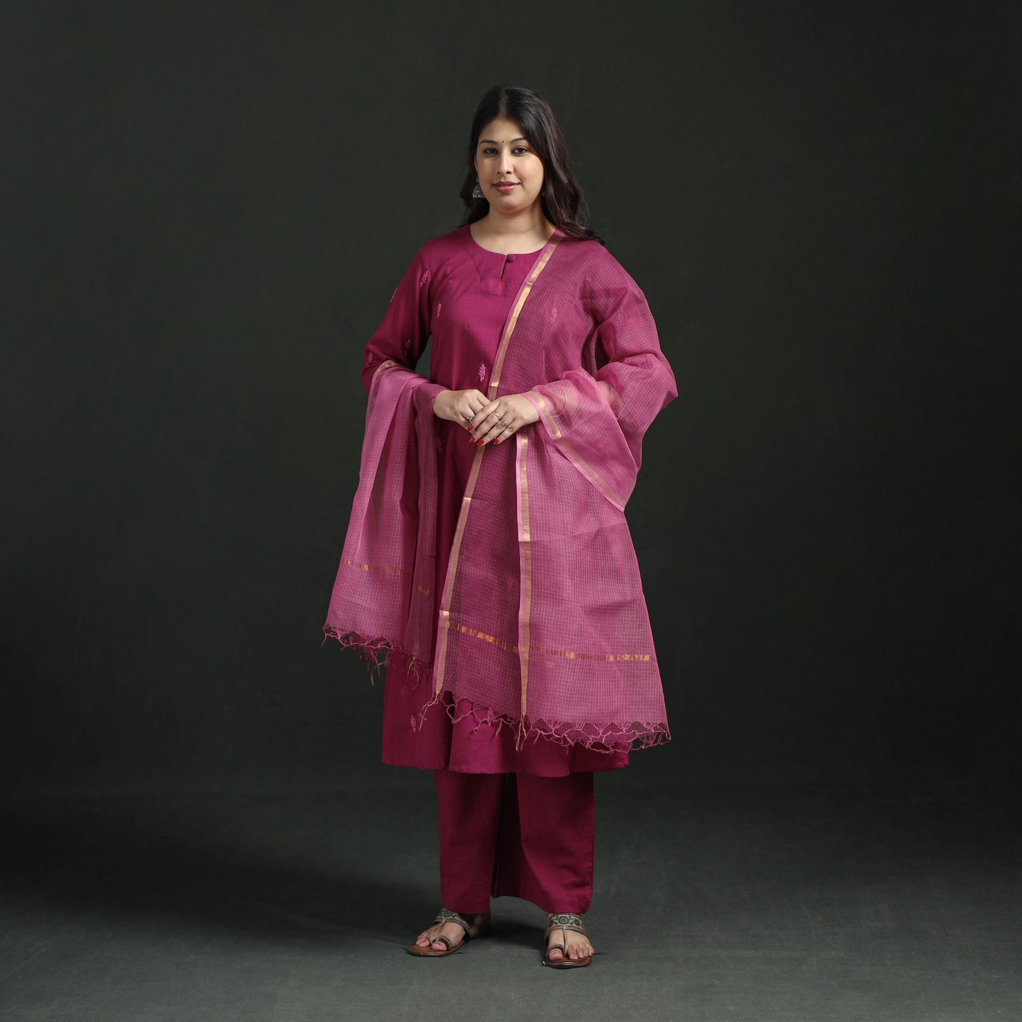 Plain Slub Cotton Hand Embroidered Suit Set with Dupatta for women 14