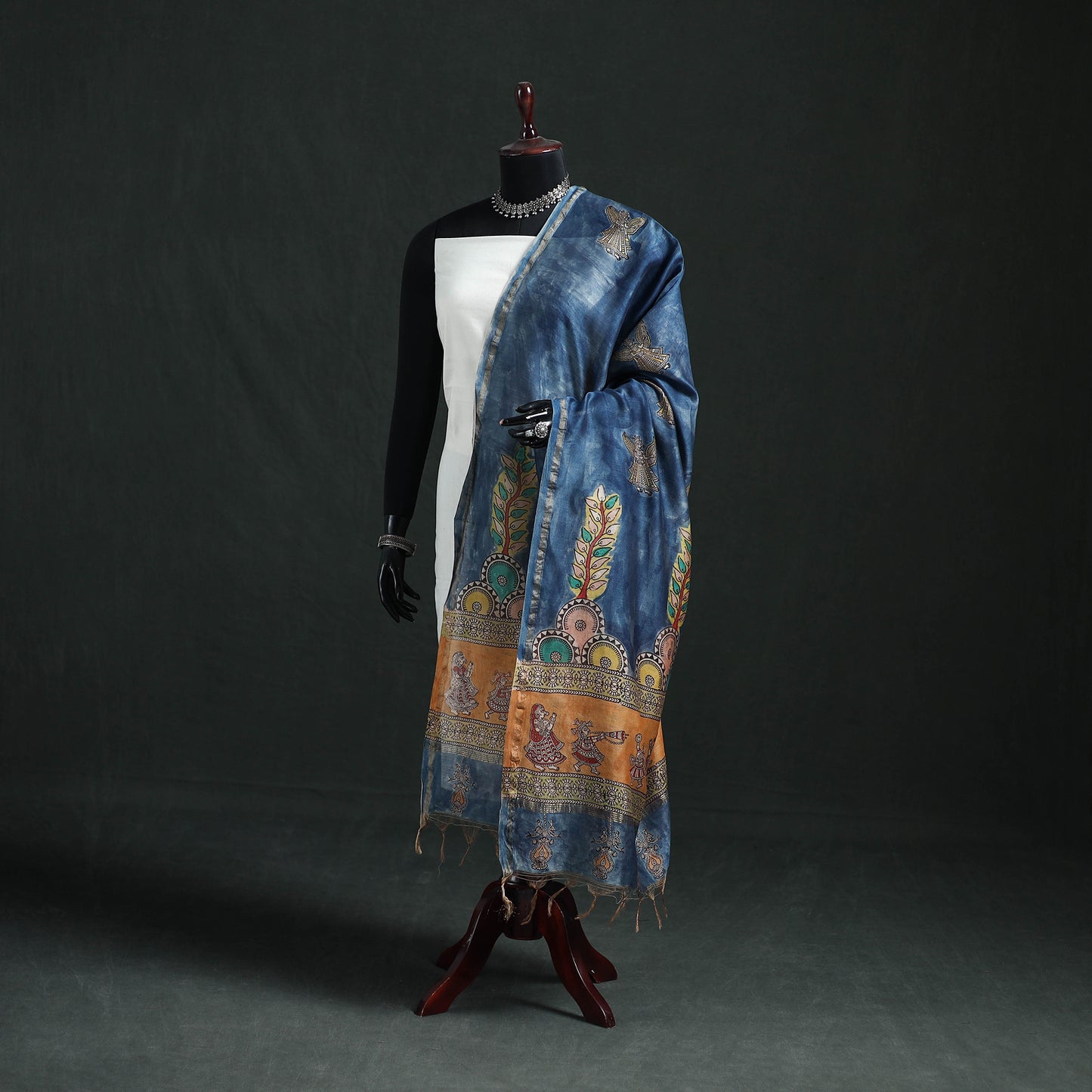 Blue - Mata Ni Pachedi Handpainted Natural Dyed Chanderi Silk Handloom Dupatta 22