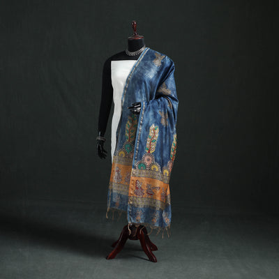Blue - Mata Ni Pachedi Handpainted Natural Dyed Chanderi Silk Handloom Dupatta 22