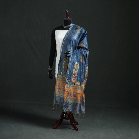 Blue - Mata Ni Pachedi Handpainted Natural Dyed Chanderi Silk Handloom Dupatta 22