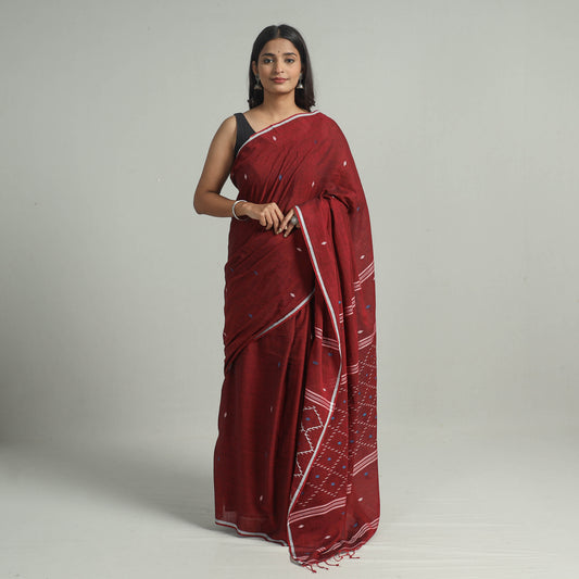 Maroon - Handloom Cotton Phulia Jamdani Saree with Tassels 21