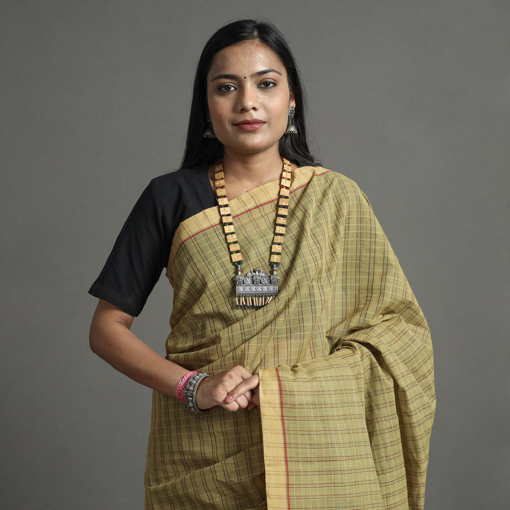 Green - Pure Handloom Natural Dyed Checks Cotton Saree 18