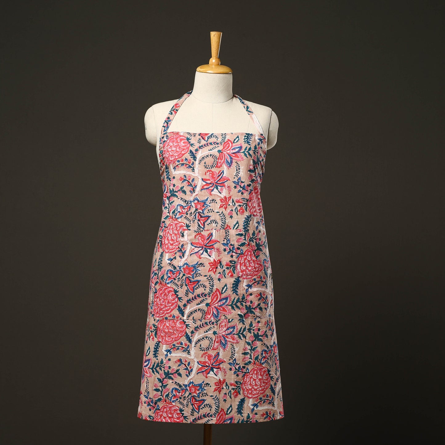 Pink Sanganeri Block Print Cotton Apron with Pocket