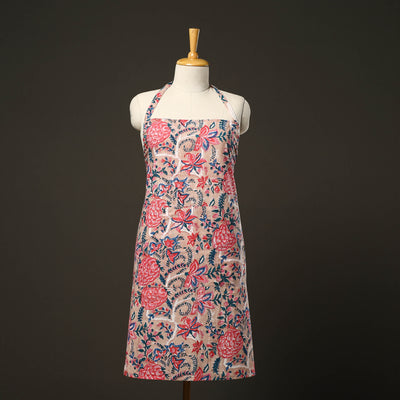 Pink Sanganeri Block Print Cotton Apron with Pocket