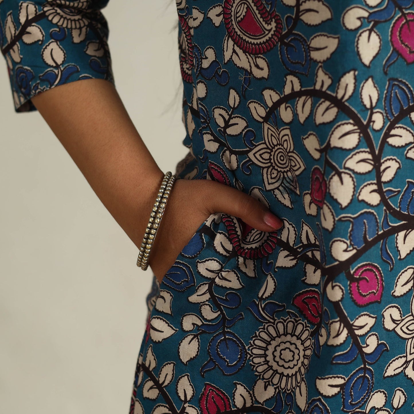 Blue - Printed Cotton A-Line Kalamkari Kurta 11