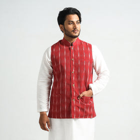 Red - Pochampally Ikat Cotton Men Nehru Jacket