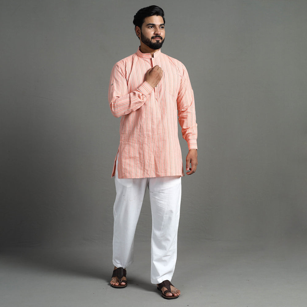 Peach - Handloom Cotton Stripe Men Short Kurta