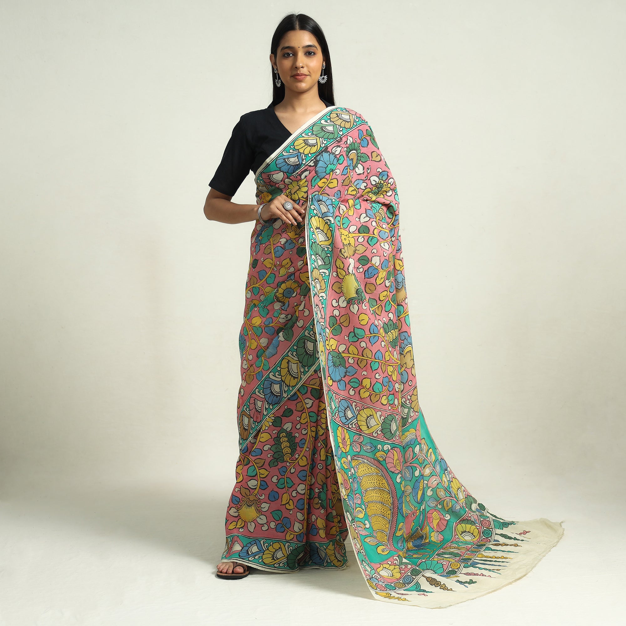 Multi Colour Sri Kala Hasti Hand Painted Pure Silk Mark Certified Tuss –  Dailybuyys