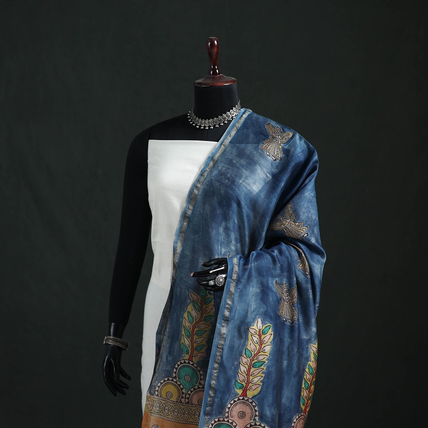 Blue - Mata Ni Pachedi Handpainted Natural Dyed Chanderi Silk Handloom Dupatta 22