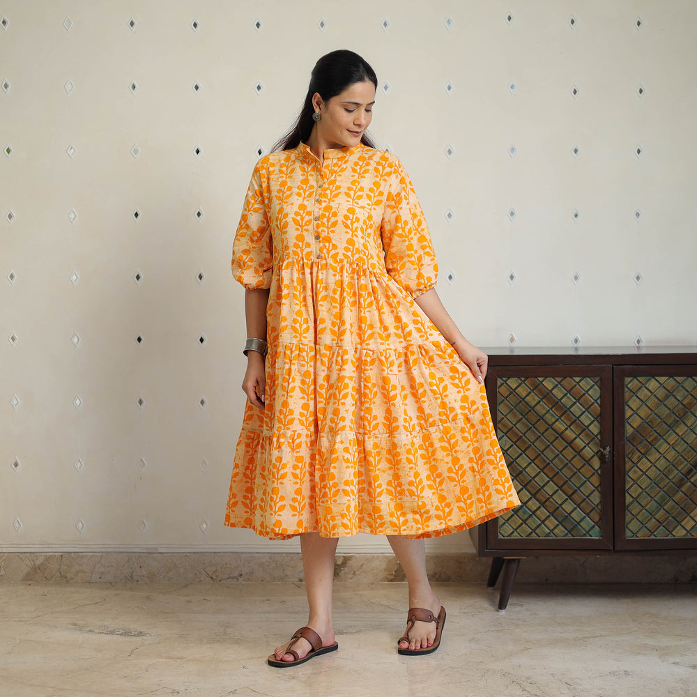 Orange - Pure Cotton Tiered Batik Print Dress 07