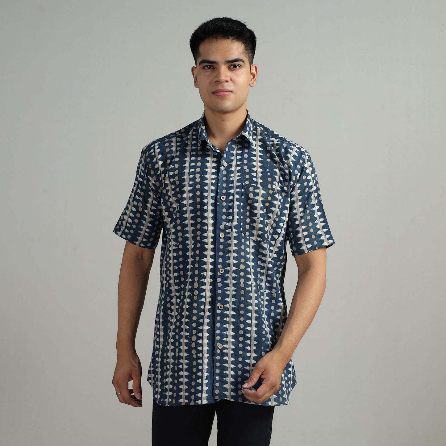 Blue - Indigo Block Printed Cotton Men Half Sleeve Shirt 07