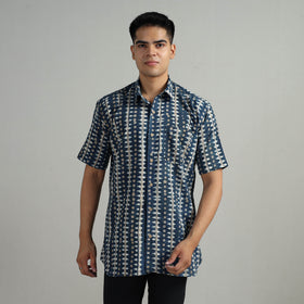 Blue - Indigo Block Printed Cotton Men Half Sleeve Shirt 07
