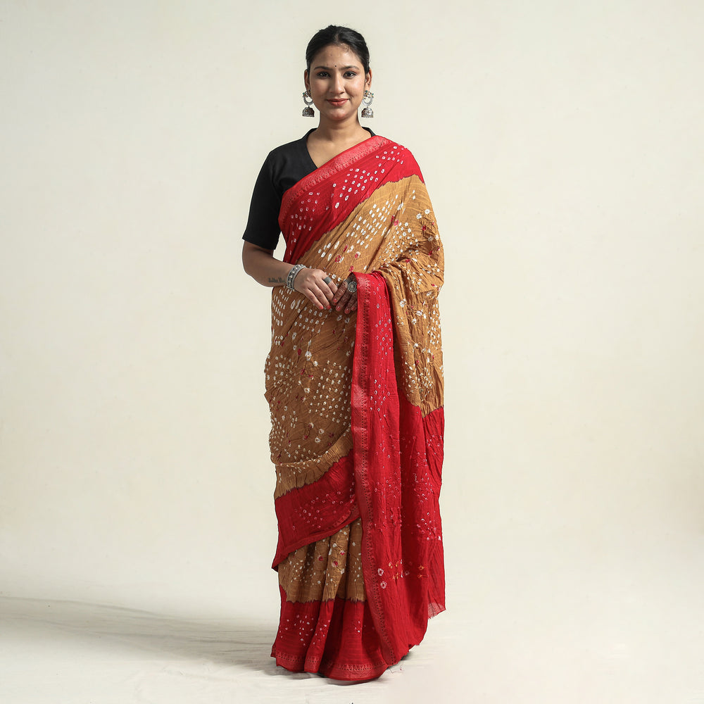 Brown - Kutch Bandhani Tie-Dye Cotton Saree with Blouse Piece