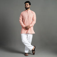 Peach - Handloom Cotton Stripe Men Short Kurta