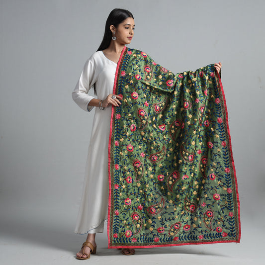 Green - Ranihati Chanderi Silk Chapa Work Phulkari Embroidered Dupatta 32