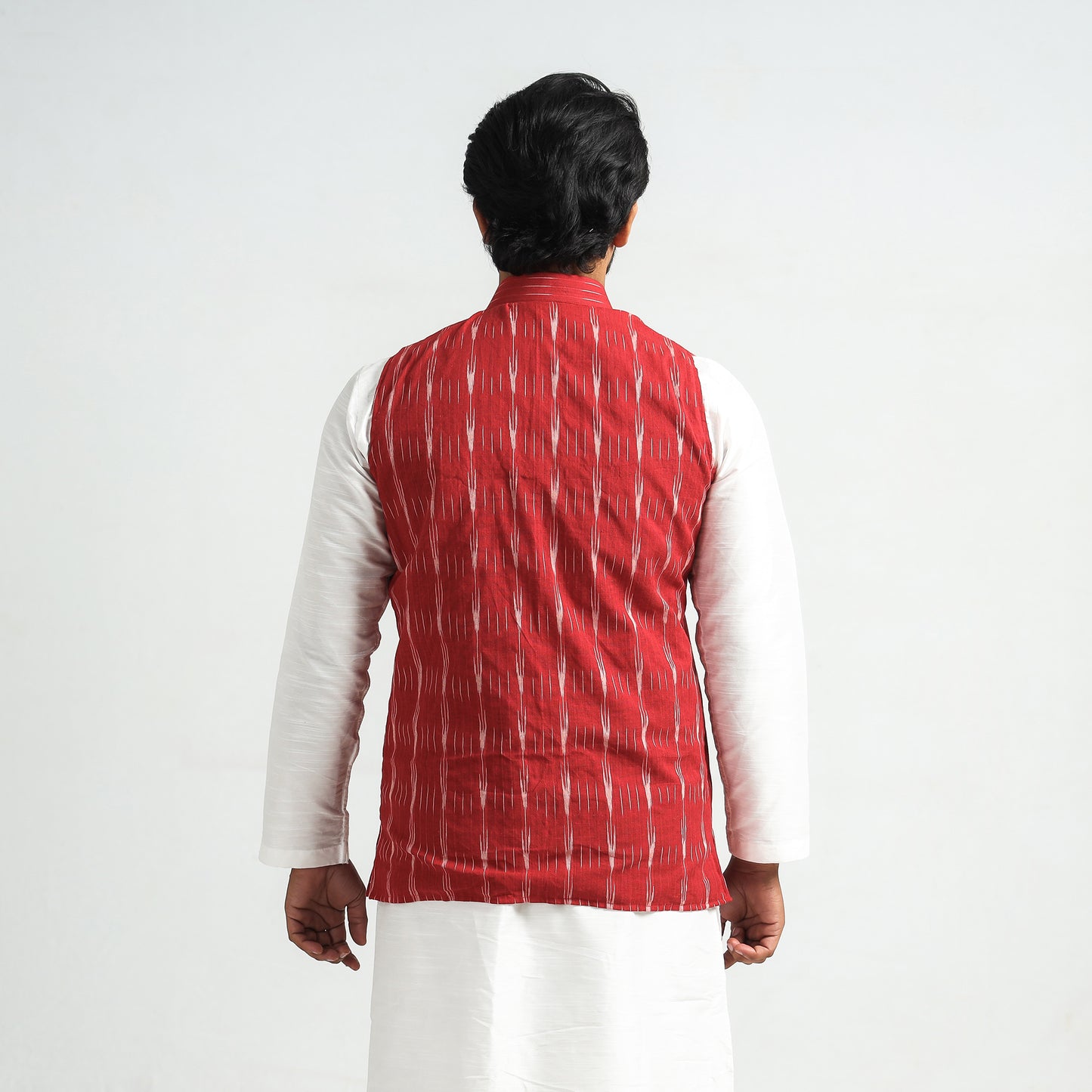 Red - Pochampally Ikat Cotton Men Nehru Jacket