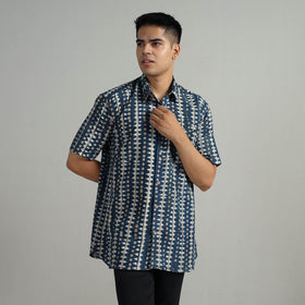 Blue - Indigo Block Printed Cotton Men Half Sleeve Shirt 07