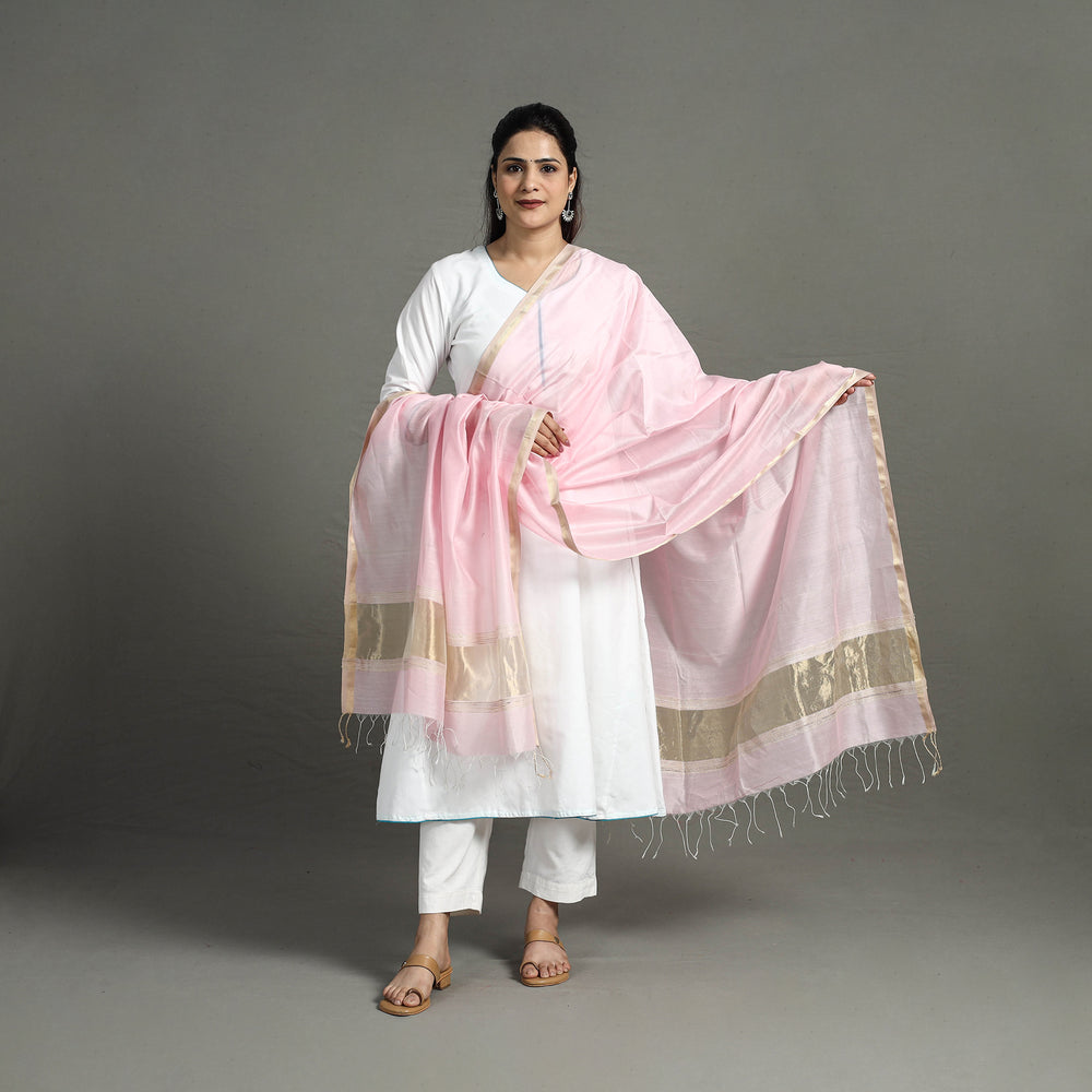 Pink - Handloom Silk Cotton Zari Work Maheshwari Dupatta 03