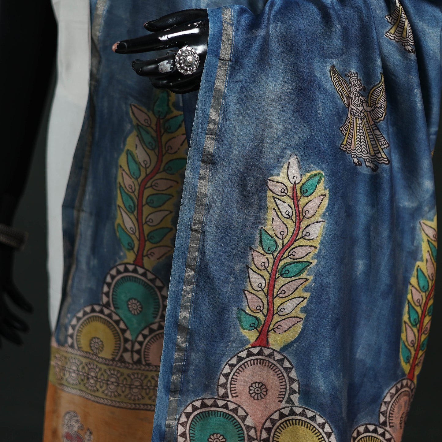Blue - Mata Ni Pachedi Handpainted Natural Dyed Chanderi Silk Handloom Dupatta 22