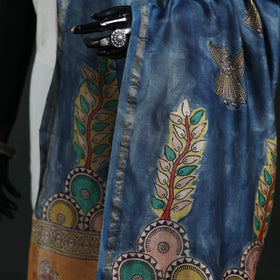 Blue - Mata Ni Pachedi Handpainted Natural Dyed Chanderi Silk Handloom Dupatta 22