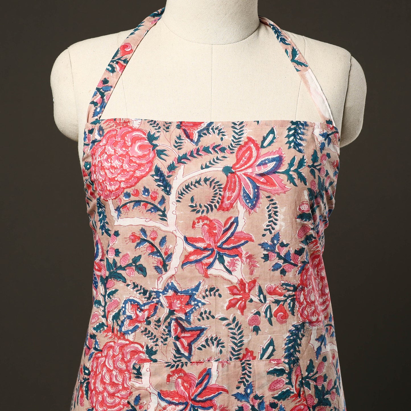 Pink Sanganeri Block Print Cotton Apron with Pocket
