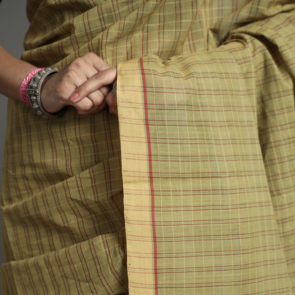 Green - Pure Handloom Natural Dyed Checks Cotton Saree 18