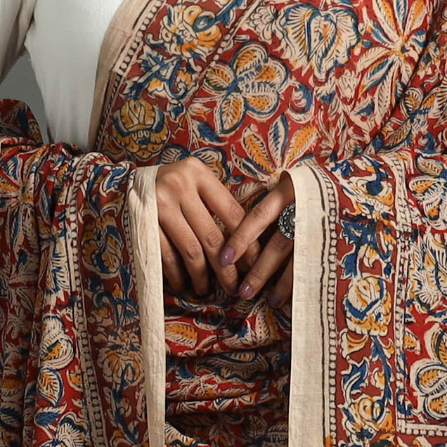 Red - Kalamkari Block printed Cotton Dupatta 16