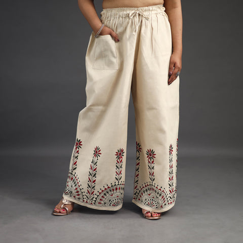 Off White - Kantha Hand Embroidery Palazzo in Cotton 44