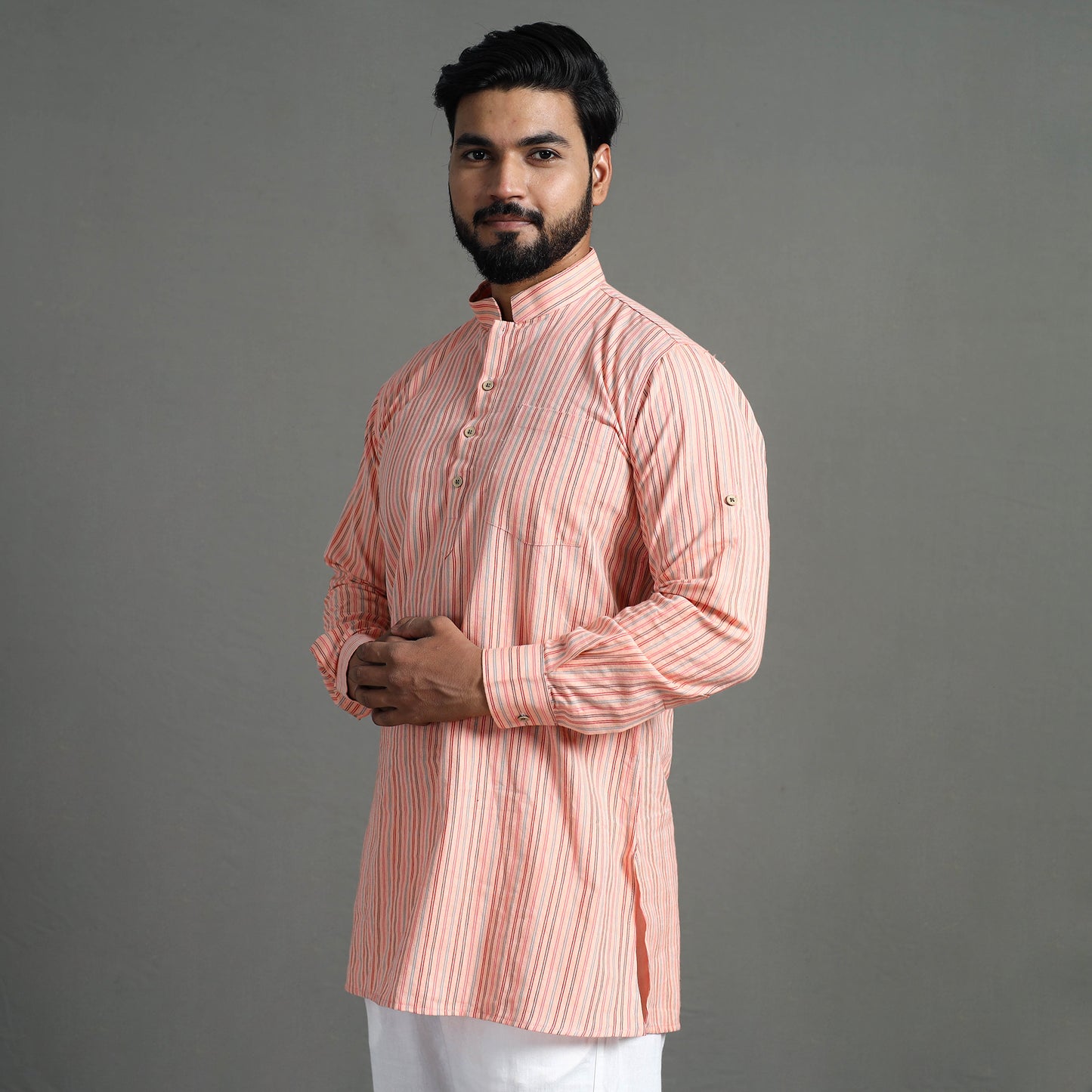 Peach - Handloom Cotton Stripe Men Short Kurta