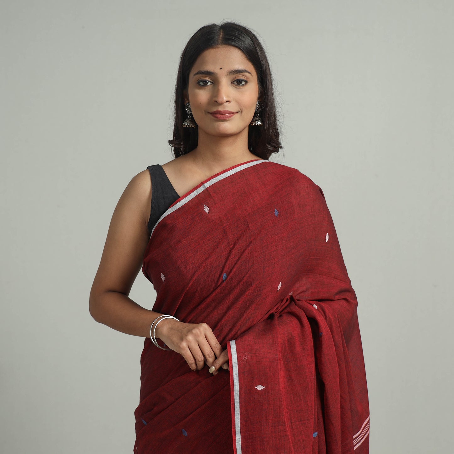 Maroon - Handloom Cotton Phulia Jamdani Saree with Tassels 21