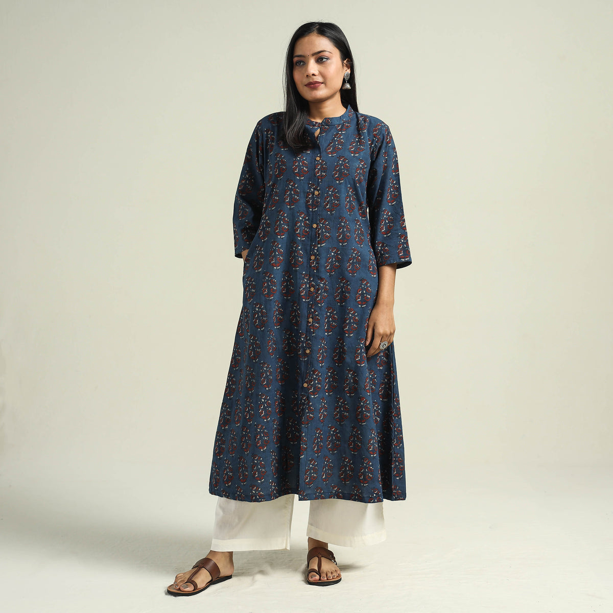 Blue with Butta - Ajrakh Hand Block Printed Cotton A-Line Kurta