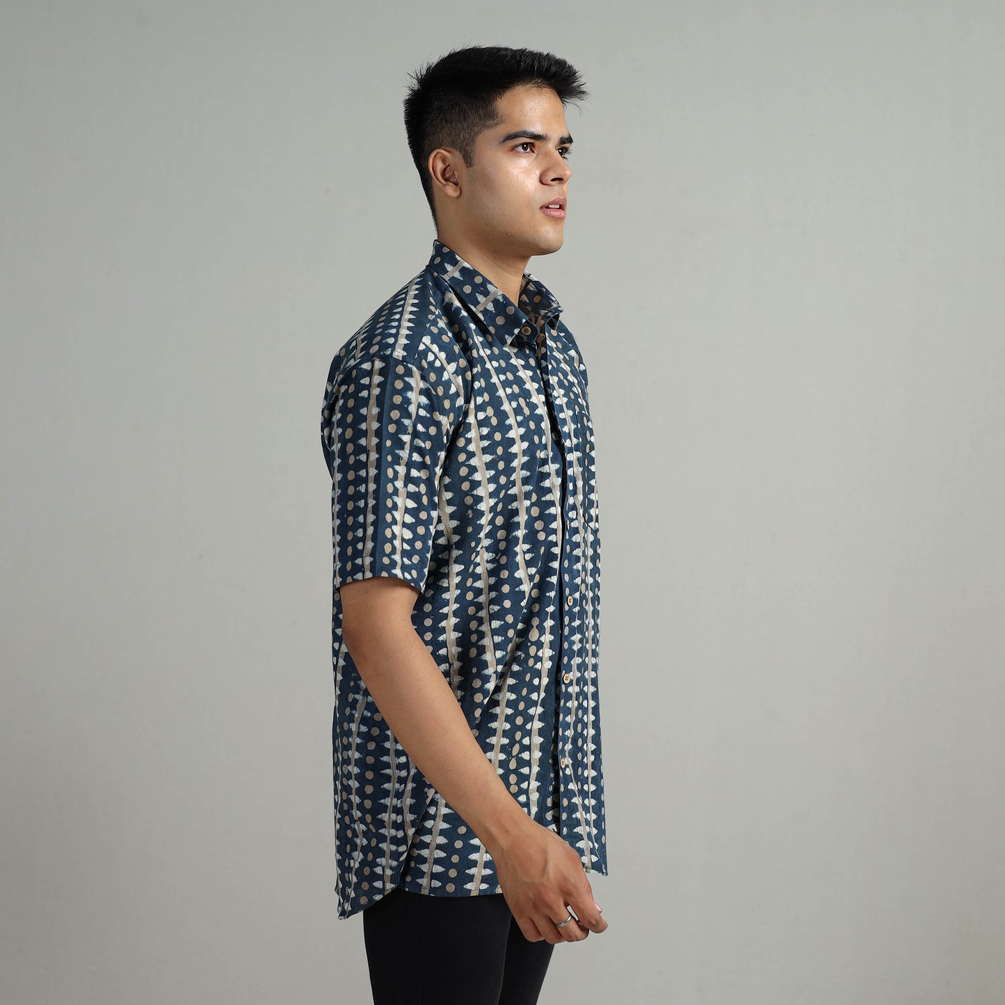 Blue - Indigo Block Printed Cotton Men Half Sleeve Shirt 07