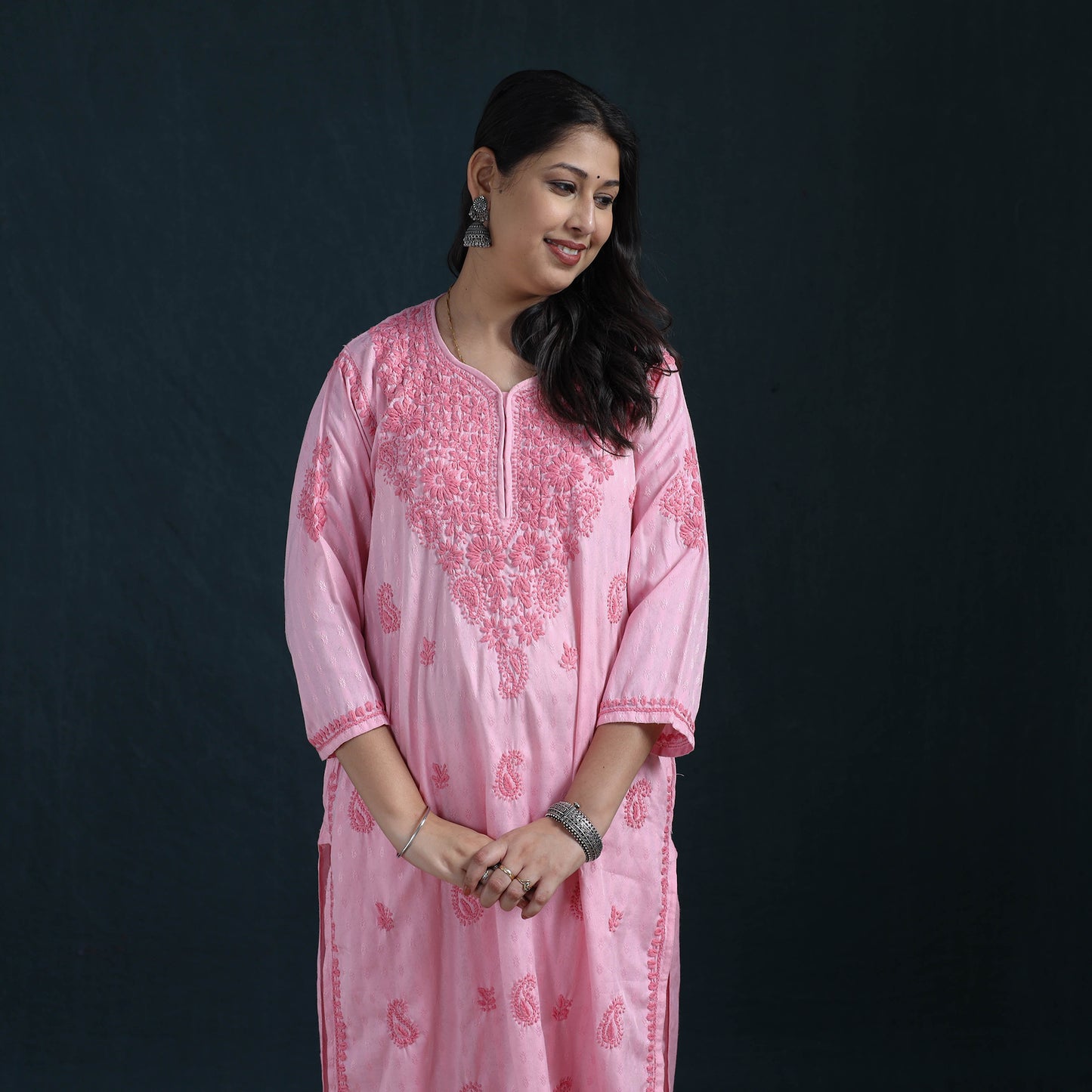 Pink - Hand Embroidered Rayon Cotton Chikankari Kurta with Pant Set for Women 18
