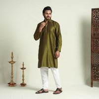 Olive Green - Plain Dyed Slub Silk Men Long Kurta