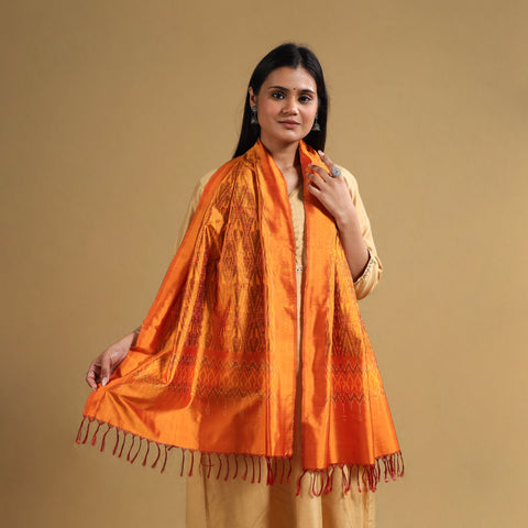 Orange - Handloom Mulberry Silk Pochampally Ikat Stole 17