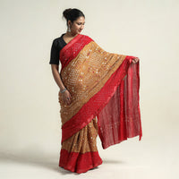 Brown - Kutch Bandhani Tie-Dye Cotton Saree with Blouse Piece