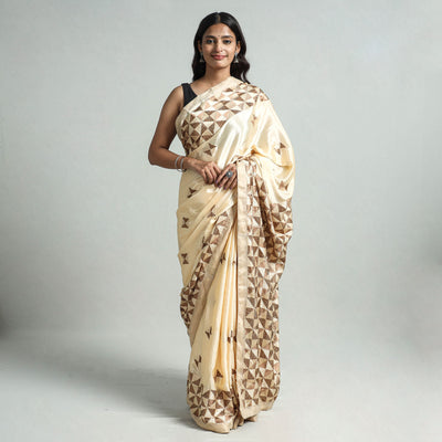 Yellow - Phulkari Heavy Embroidery Chinnon Saree 25