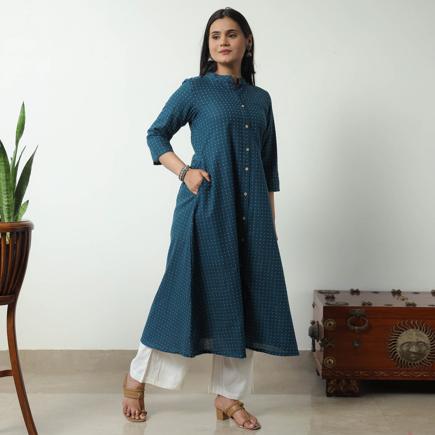 Blue - Jacquard Cotton A-Line Kurta 13