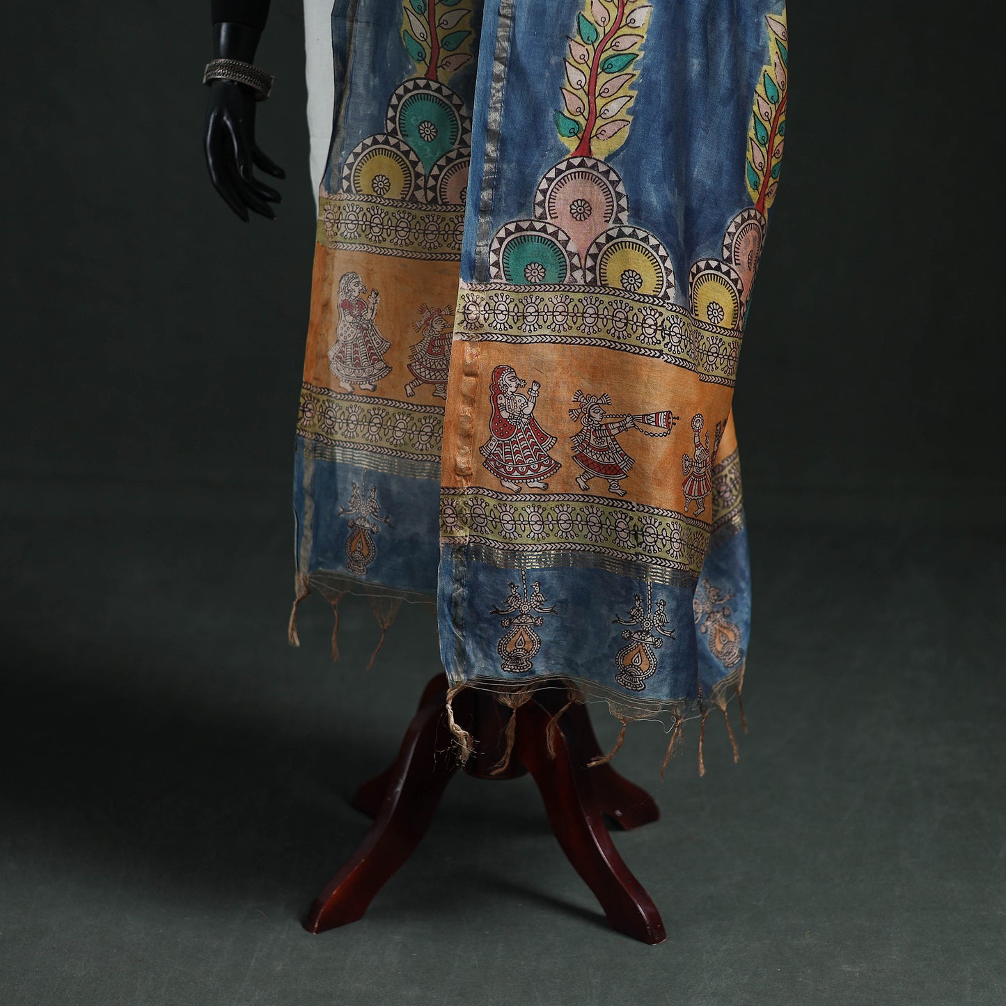 Blue - Mata Ni Pachedi Handpainted Natural Dyed Chanderi Silk Handloom Dupatta 22
