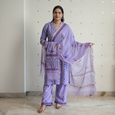 Purple - Sanganeri Block Print Cotton Kurta Suit Set 06