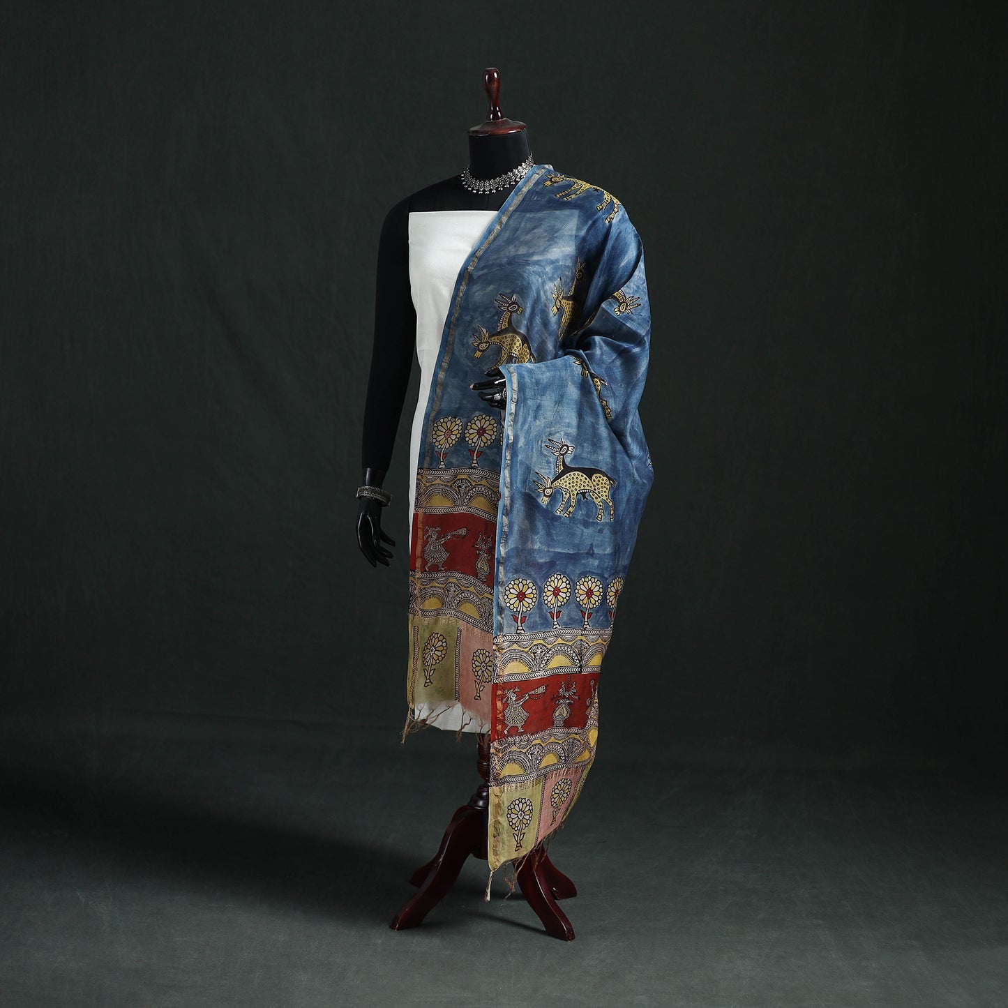 Blue - Mata Ni Pachedi Handpainted Natural Dyed Chanderi Silk Handloom Dupatta 23