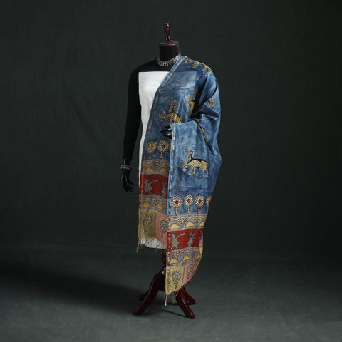 Blue - Mata Ni Pachedi Handpainted Natural Dyed Chanderi Silk Handloom Dupatta 23